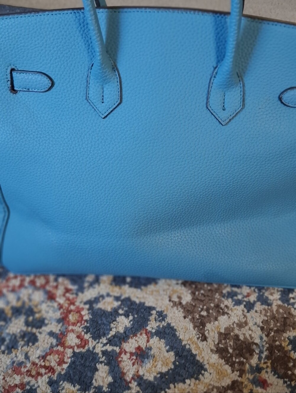 Teal Structured Leather Top-Handle Bag with Gold Hardware - Picture 6 of 9